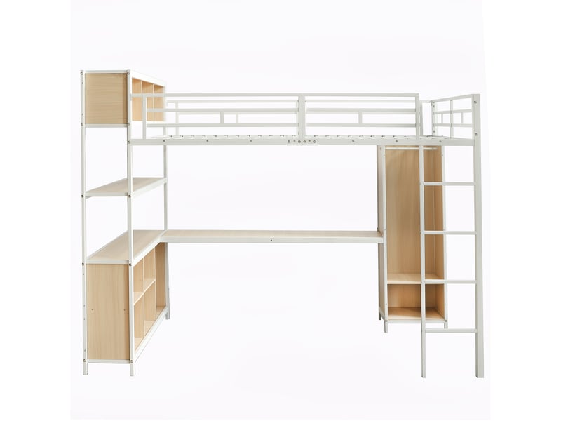  Lit mezzanine 2 personnes 140x200 cm, lit surélevé avec bureau et armoire intégrée, lit combiné adulte et ado en métal et bois, blanc et naturel  - Conforama D