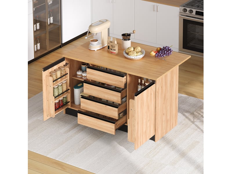  Îlot de cuisine 140 cm avec plan de travail rabattable, 4 tiroirs, naturel et noir  - Conforama C