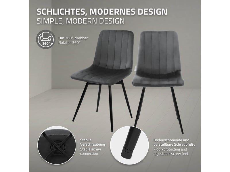  Ml-design chaise de salle à manger en velours, lot de 2, pivotante 360 degrés, avec dossier, pieds en métal, design moderne mid-century, patins réglables, pour cuisine salon, 120 kg, anthracite  - Conforama C