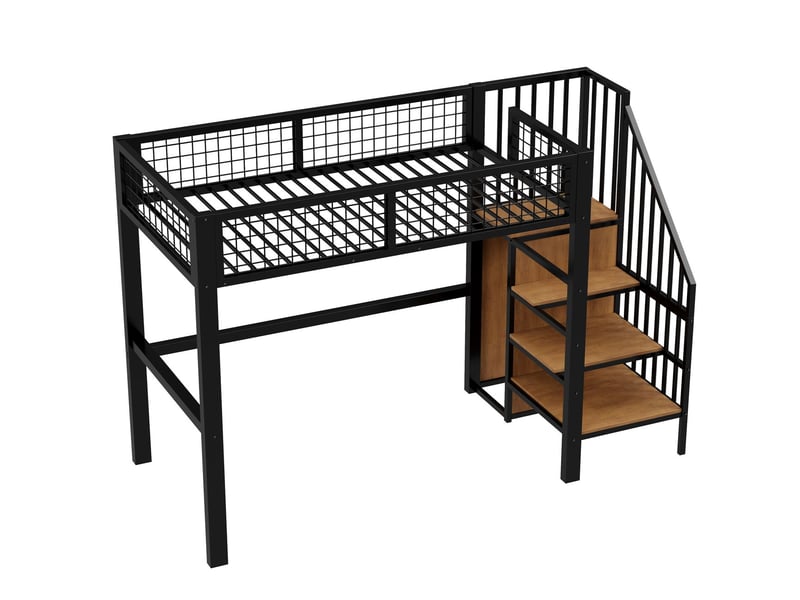  Lit mezzanine 90x200 avec escalier rangement - lit simple - structure métal noir, armoire intégrée, gain de place, sécurisé  - Conforama D