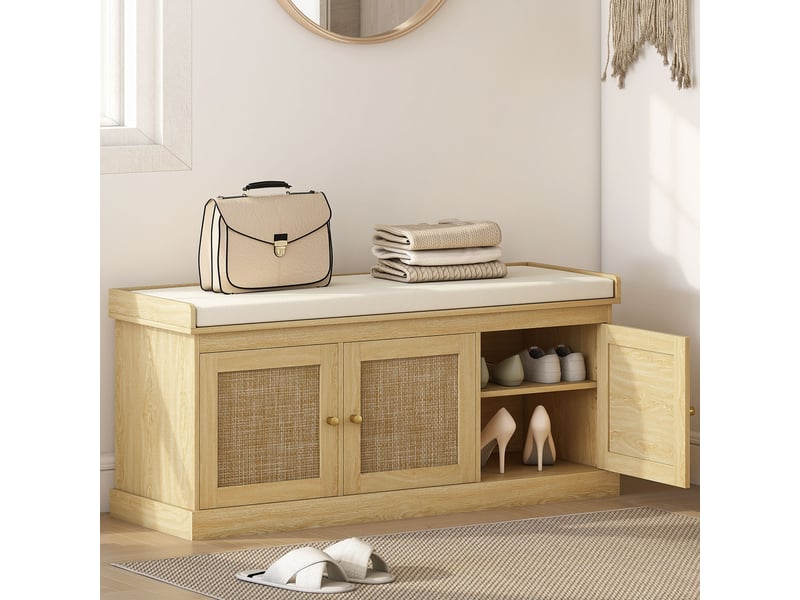 Banc chaussures entrée 9 paires, banc de rangement, 3 portes en rotin, coussin et étagère réglable, 105x35x47cm, chêne  - Conforama C