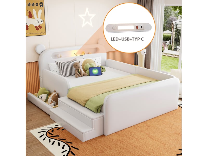  Lit enfant, 140x200 cm, avec tête de lit ours, lit 2 place, recharge, rangement, matelas non inclus, pu, coloris blanc  - Conforama E