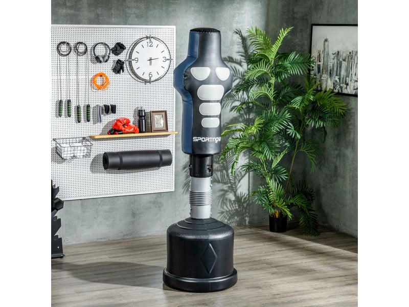  Mannequin de boxe, autoportant, réglable en hauteur, base lestée, cuir synthétique, noir + gris + bleu, 55 x 55 x 178-207 cm  - Conforama C