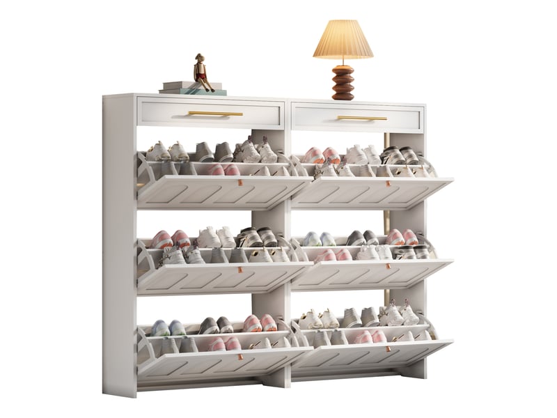  Lot de 2 meubles à chaussures 12 étagères 2 tiroirs en mdf blanc 140x25x123.5 cm N625P389307W2 - Conforama D