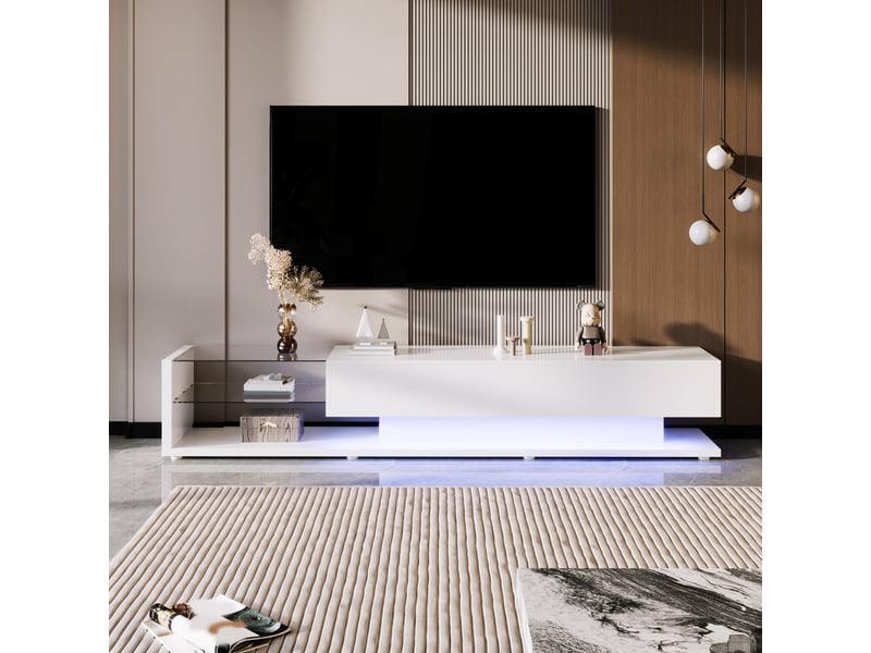 Meuble tv blanc laqué 170 cm avec led variable, 2 tiroirs et étagères en verre pour tv 50 à 59 pouces - Conforama W