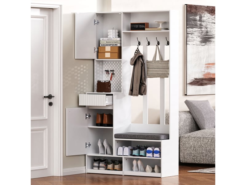 Vestiaire d’entrée blanc 100×180×35 cm en mdf, banc de rangement, banc à chaussures, 1 tiroir, niches ouvertes - Conforama E