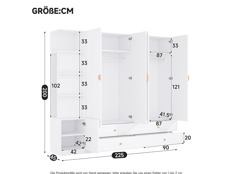 Armoire penderie 225 x 45 x 200 cm blanche en mdf, bois et acier, 4 portes, 4 tiroirs et 3 tringles - Conforama C