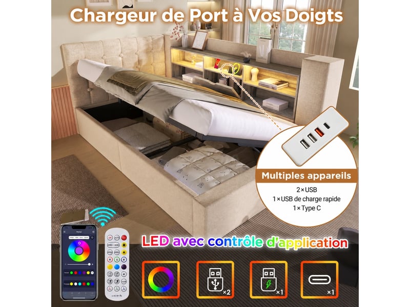Lit 2 places 140 x 190 cm avec tête de lit en l, led et rangement, beige - Conforama D