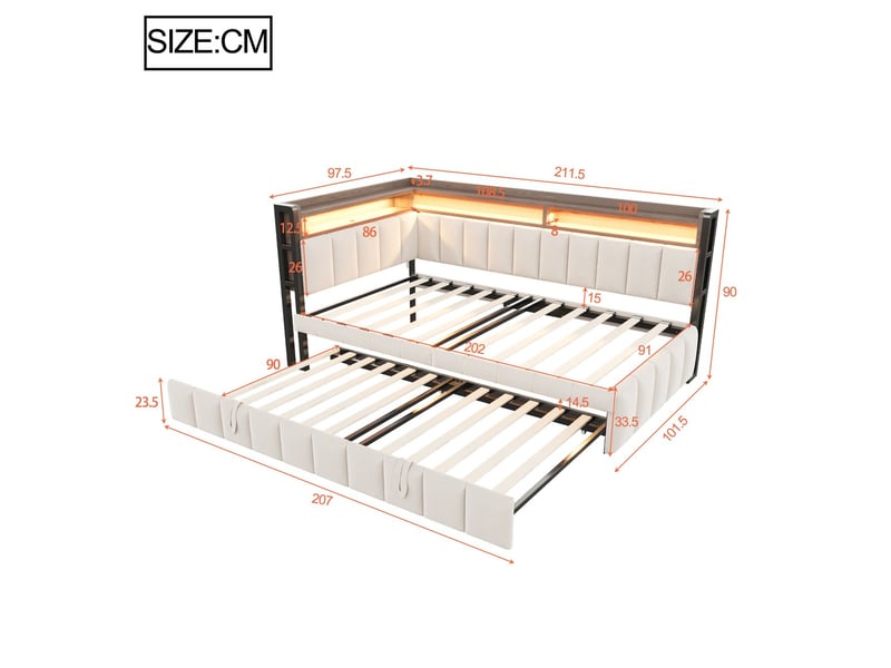  Lit gigogne avec rangement 90 x 200 cm canapé-lit capitonné lit d’appoint escamotable éclairage led compartiments en tête et pied de lit ports usb et usb-c velours beige  - Conforama C
