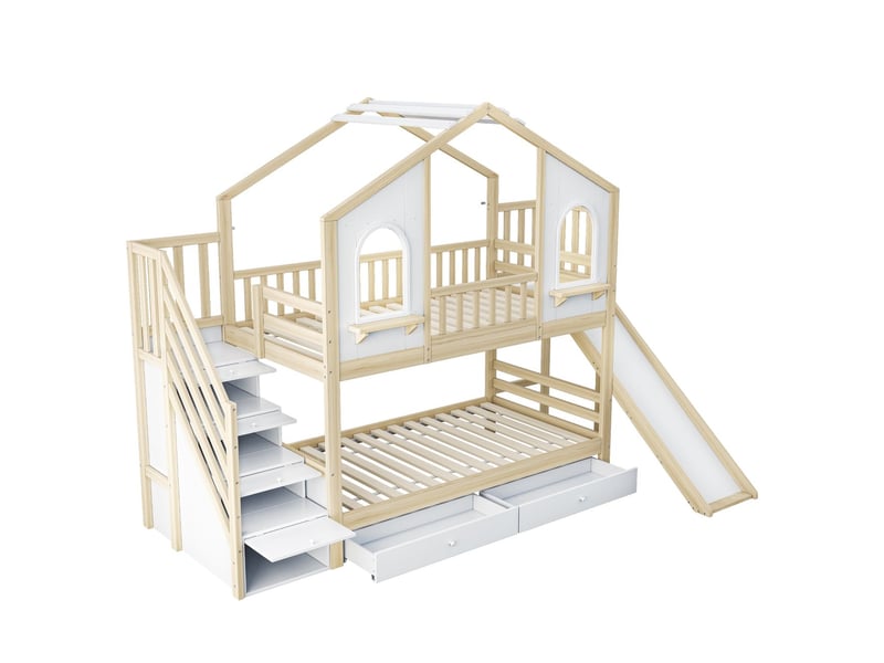 Lit superposé enfant 90 x 200 cm structure en forme de maison fenêtres incurvées échelle avec rangement toboggan intégré tiroirs de rangement couchette double coloris bois  - Conforama A