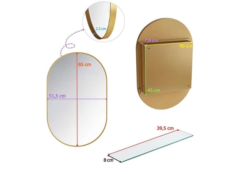  Miroir armoire ovale 85x51,5 cm cadre métal doré – rangement mural ou encastré  - Conforama C