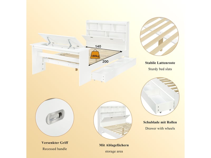  Lit ado 140 x 200 cm rangement intégré étagère de tête de lit tiroir coulissant table rabattable réglable montage flexible des tiroirs aspect bois blanc  - Conforama D
