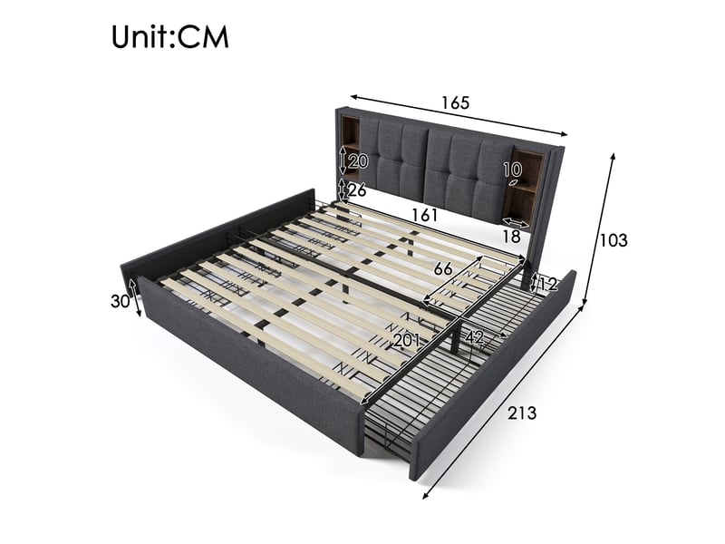  Lit double 160x200 cm gris en tissu, 4 tiroirs, ports usb-c, chargeur sans fil et sommier à lattes  - Conforama E