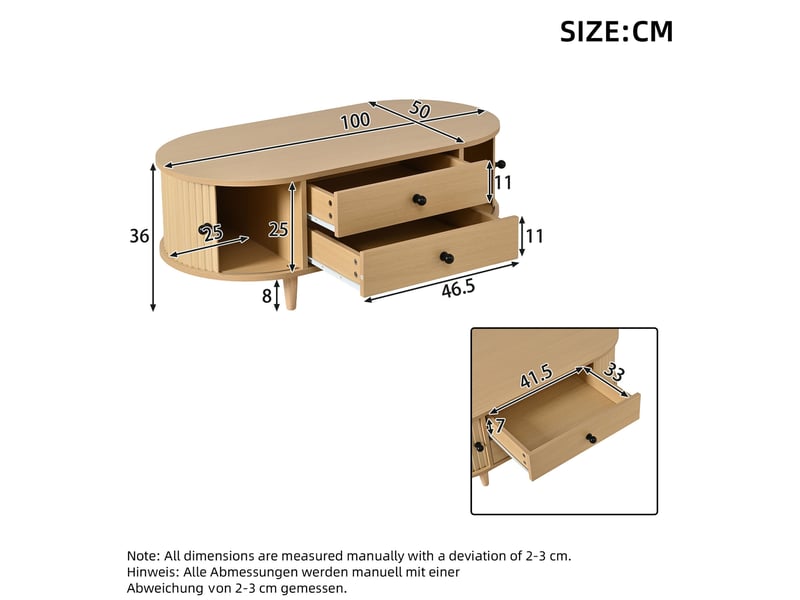  Table basse 100x50x36 cm avec portes à rideau et 2 tiroirs en mdf coloris naturel  - Conforama E