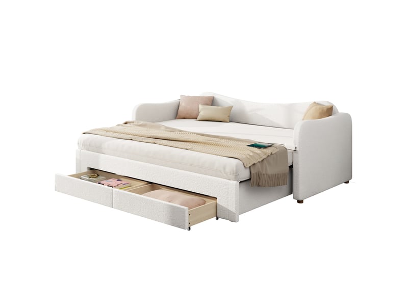  Elvmi lit de jour rembourré 90x200 cm extensible 180x200 cm, canapé-lit avec 2 tiroirs de rangement, ports usb et usb-c intégrés, tête de lit ergonomique, tissu bouclette beige, sommier inclus, design sobre et élégant  - Conforama D