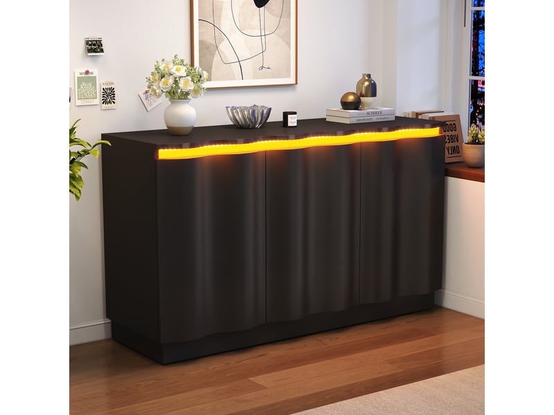  Buffet bas avec led bluetooth et rangements, façade ondulée, noir – 120 cm IKSETERA TRADING LTD - Conforama B