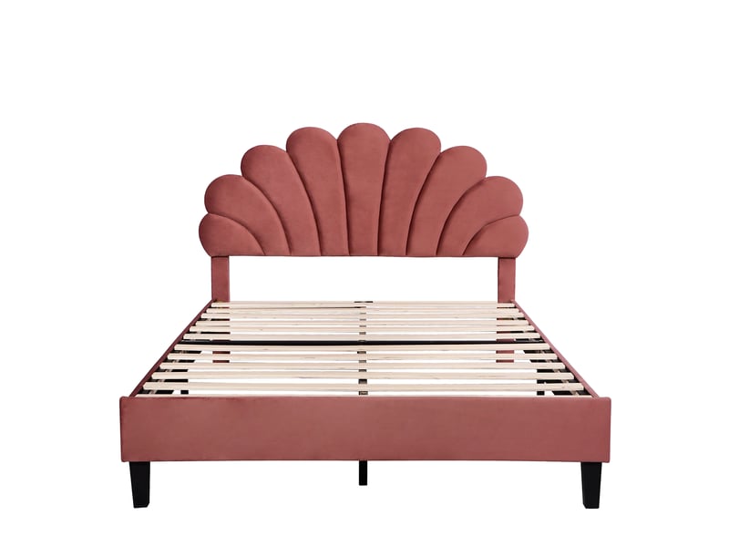  Lit adulte 140 × 200 cm 2 places avec tête de lit fleurie, sans matelas, en velours rembourré, rouge brique  - Conforama A