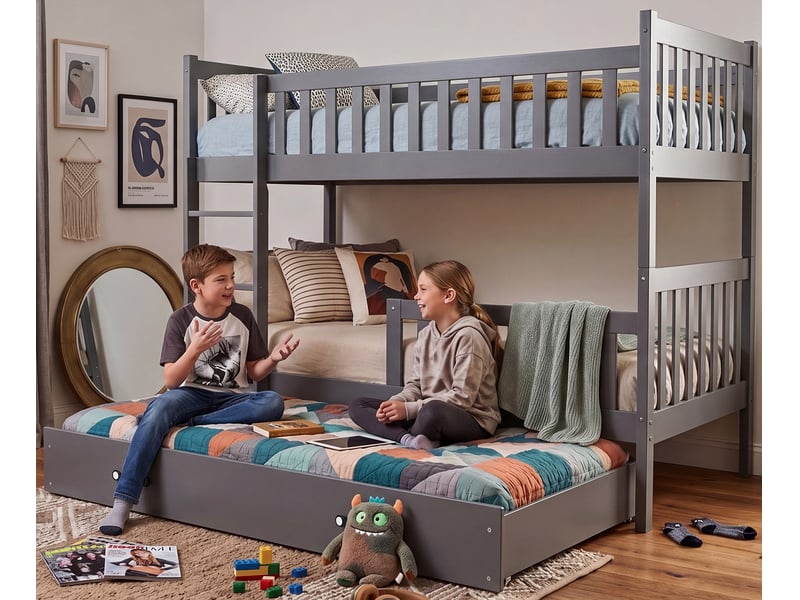  Lit superposé 3 places quba 90x200 cm + lit tiroir 80x190 cm interbeds - bois massif de pin - gris  - Conforama D
