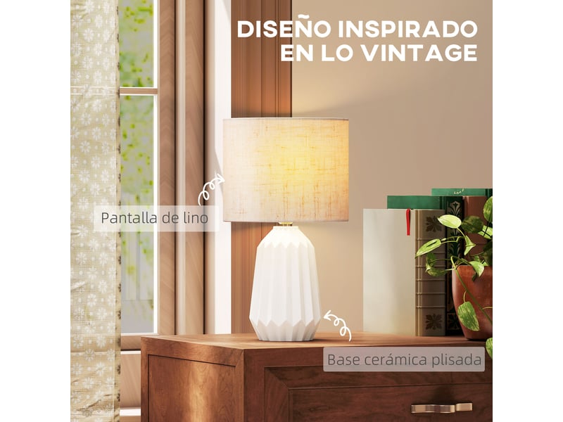  Lampe de table style rétro avec pied en céramique et abat-jour en lin pour chambre, 40 w, blanc et beige  - Conforama D