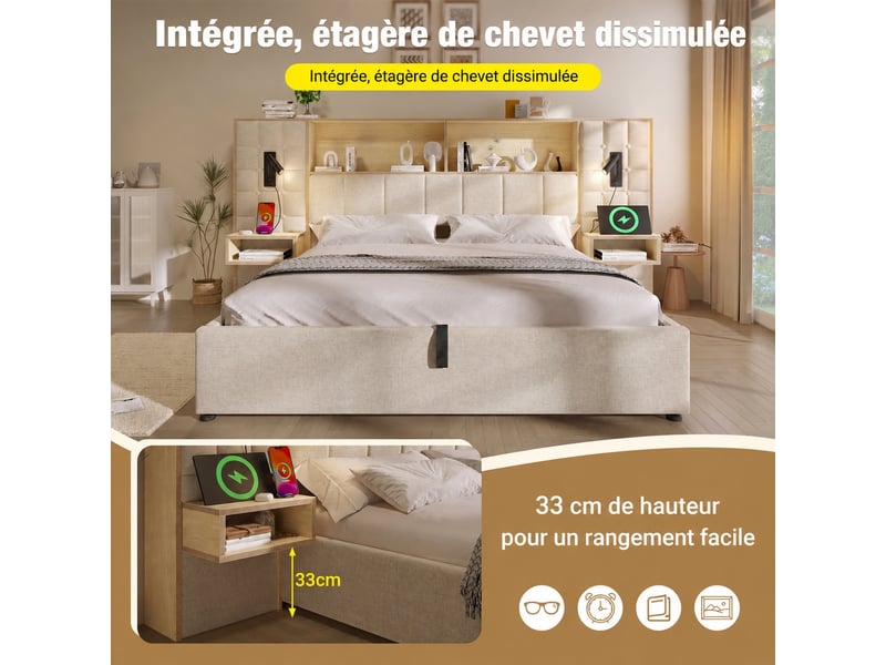  Lit coffre hydraulique 160 x 200 cm beige rembourré en lin, led et usb-c  - Conforama E