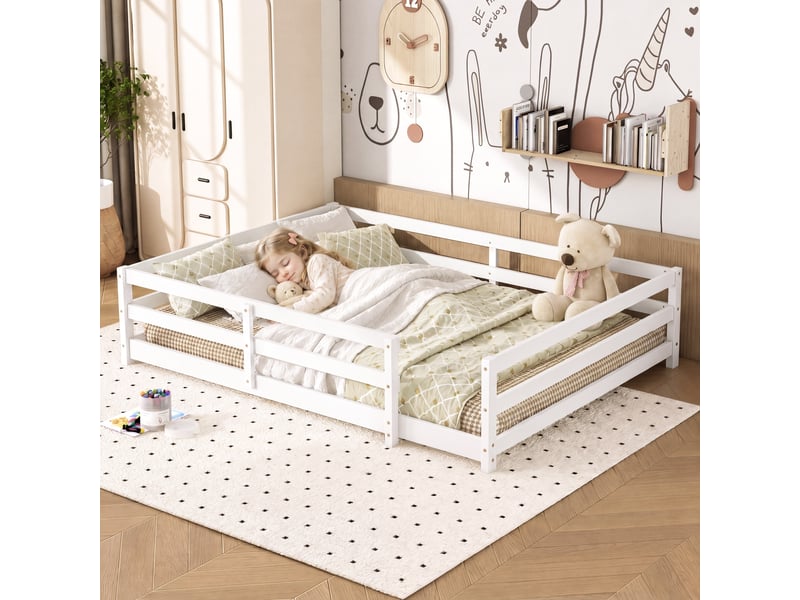  Lit montessori 140x200 au sol enfant avec barrière 4 côtés bois massif blanc  - Conforama W