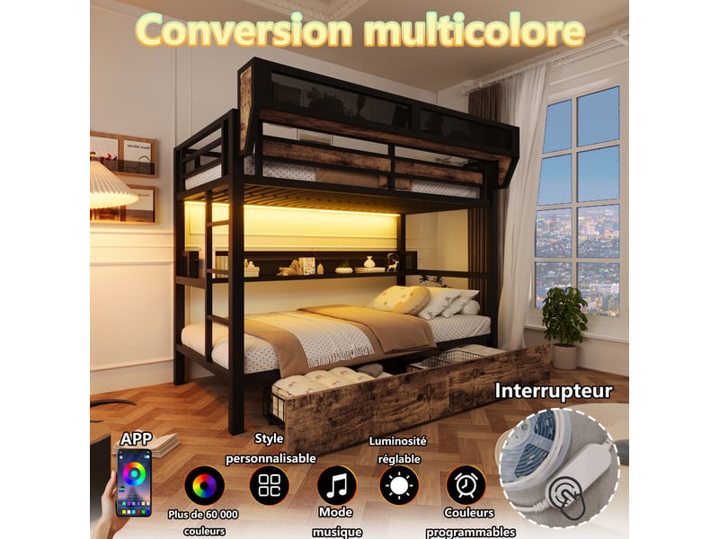  Lit superposé 90 x 200 cm en métal noir avec 2 tiroirs, étagère, panier de rangement et éclairage led intégré  - Conforama E