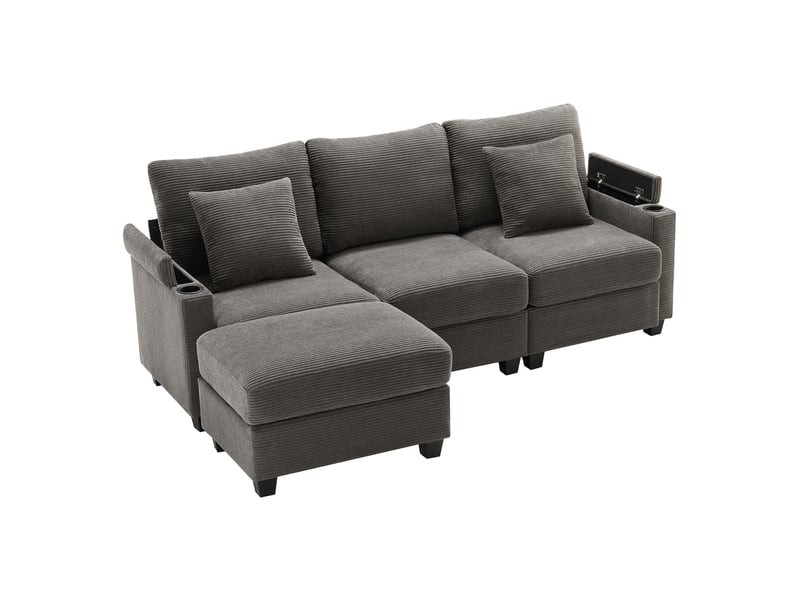  Canapé d'angle réversible 3 places avec pouf - velours côtelé gris foncé - port usb &amp; porte-gobelet  - Conforama A