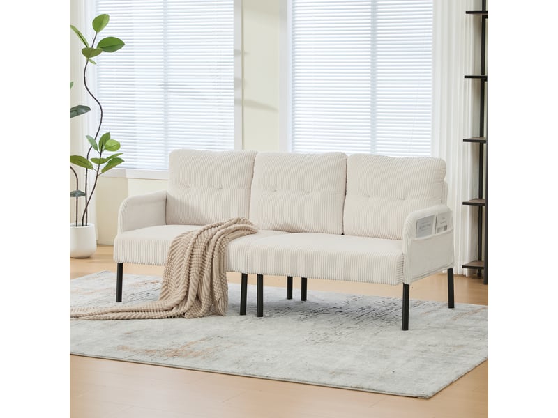  Canapé 3 places 171 x 72 x 80 cm, assise rembourrée, dossier haut, poches latérales, pieds en métal, velours côtelé, beige Seren Glow - Conforama D
