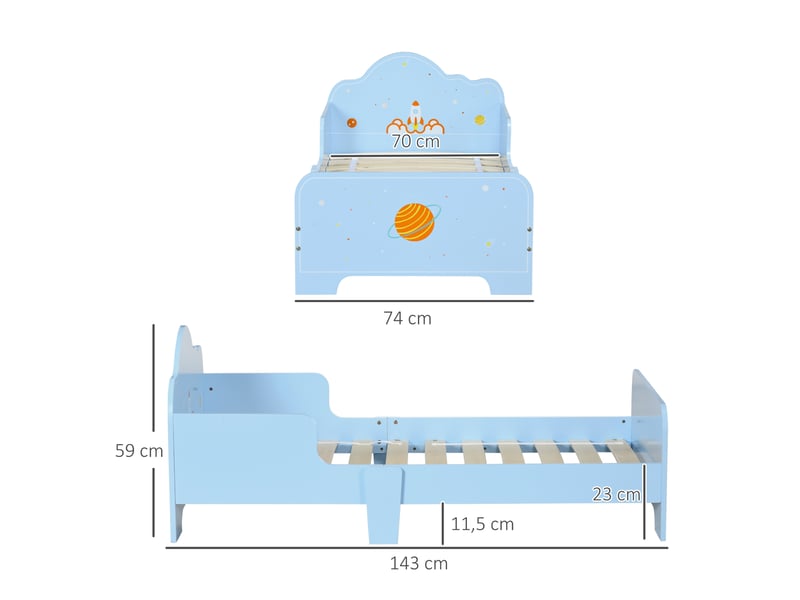  Lit enfant 140x70 bleu avec barrières de protection, motif espace, 143x74x59 cm  - Conforama E
