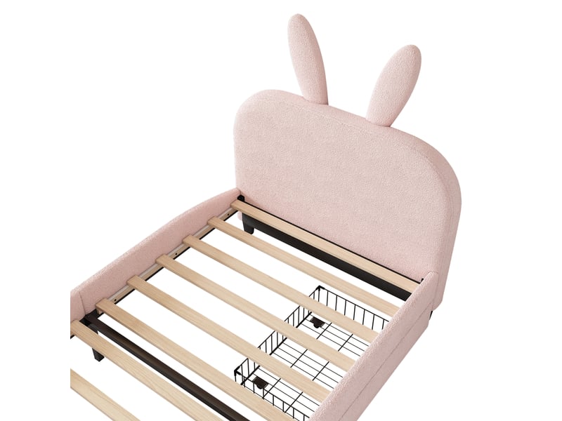  Lit enfant 90x200 cm, tiroirs, forme de lapin, dessin style cartoon, sommier, peluche rose, sans matelas  - Conforama E