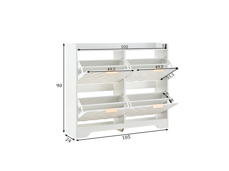 Meuble à chaussures, range-chaussures gain de place pour entrée et couloir, 4 abattants avec façade texturée 3d et poignées dorées en mdf, blanc  - Conforama E