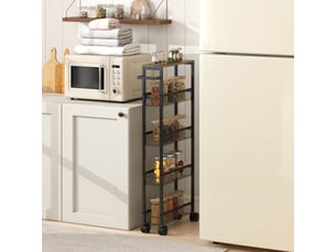 Desserte de cuisine étroite à roulettes avec 5 niveaux, 4 paniers, plateau et frein pour cuisine, salle de bain, noir
