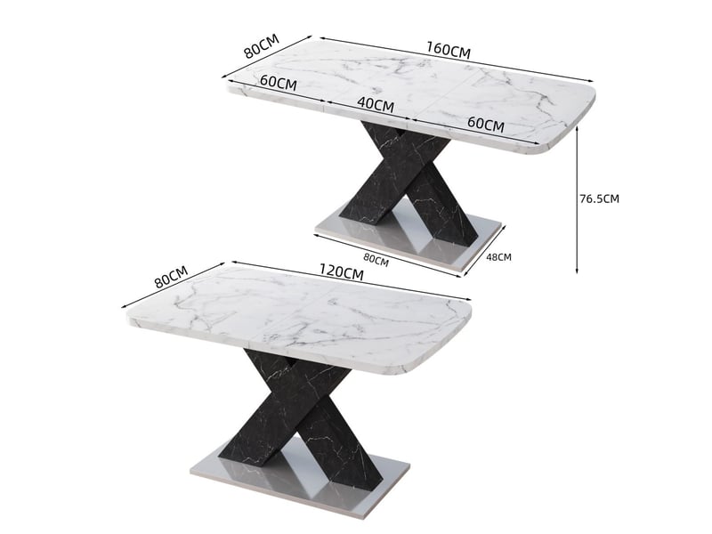 Table extensible plateau effet marbre imprimé piètement mdf noir en x base métal table de salle à manger - Conforama C