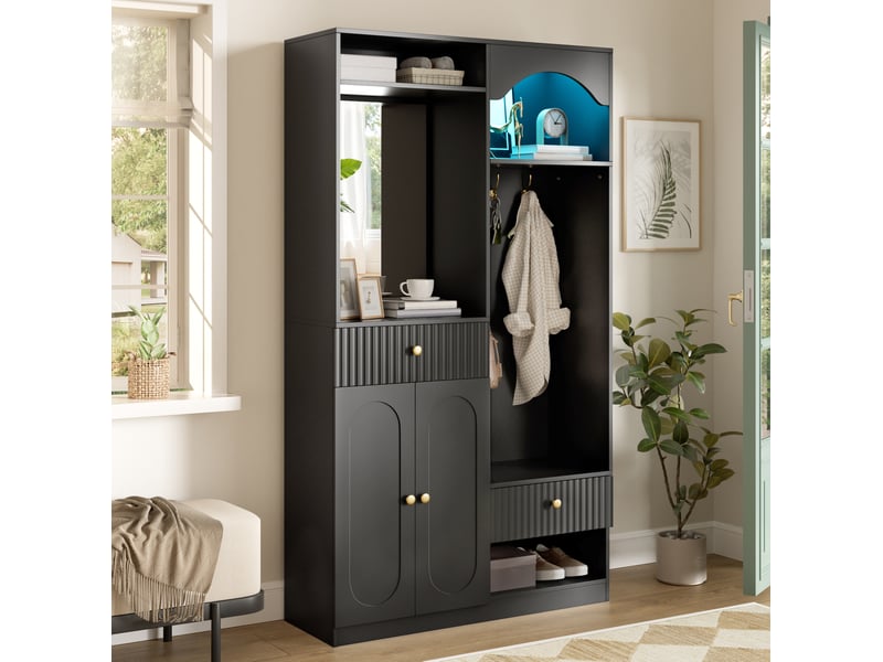  Meuble d'entrée avec miroir, banc, led, 2 portes et étagères réglables, en mdf noir, 100 × 35 × 180 cm  - Conforama C