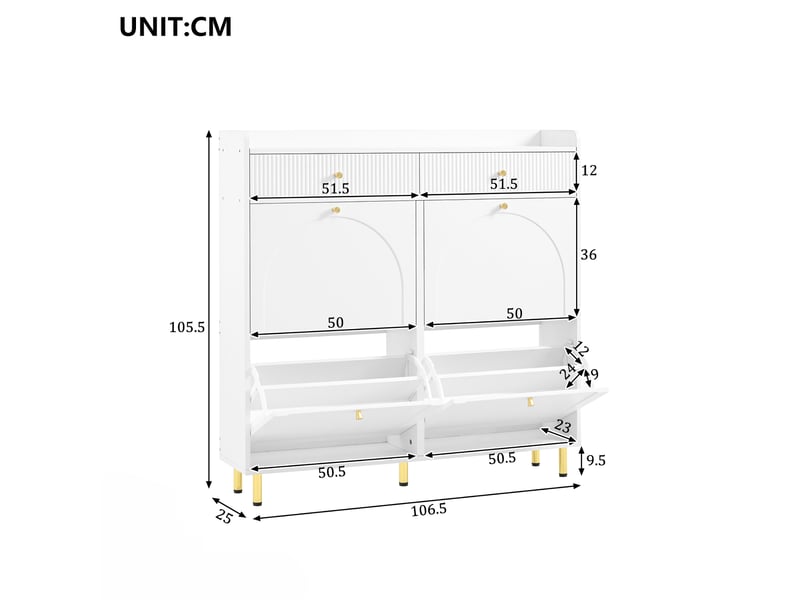 Meuble à chaussures 106,5x25x105,5 cm en mdf et panneaux de particules avec 4 abattants et 2 tiroirs blanc chicfurn  - Conforama D