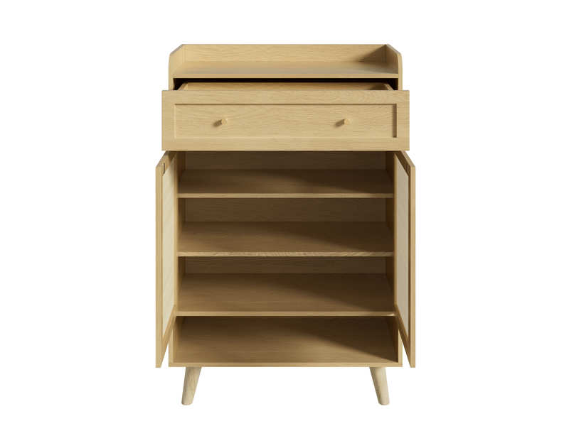  Meuble à chaussures oslo rotin 80x35x105 cm, 2 portes, 4 étagères, tiroir &amp; niche ouverte  - Conforama D