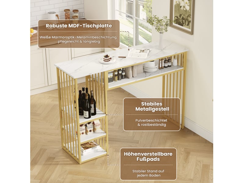  Table de bar 140x40x105 cm avec rangements, décor marbre blanc et doré  - Conforama E