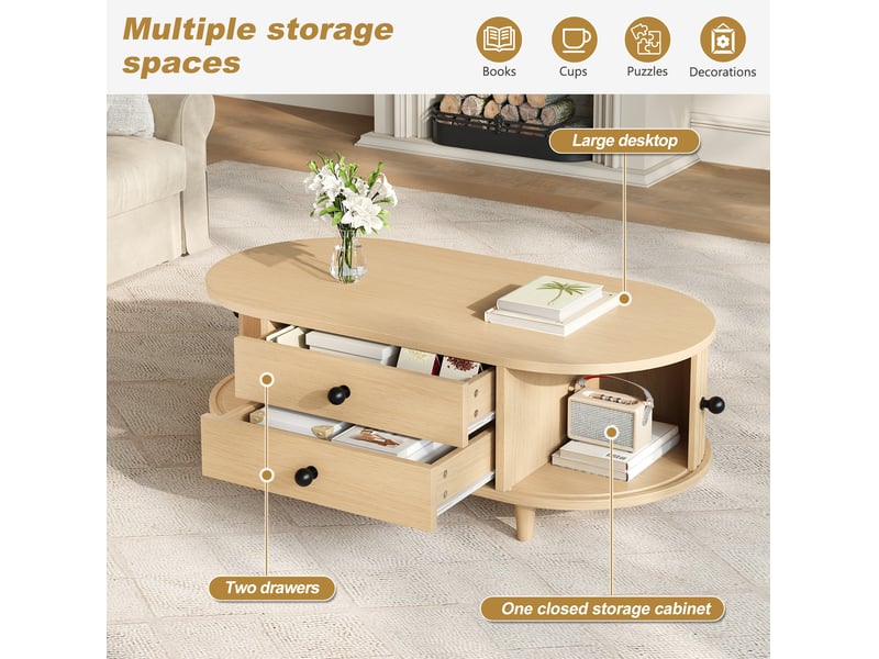 Table basse avec rangement – 2 tiroirs et portes à rideau – mdf effet bois clair – 100 x 50 x 36 cm  - Conforama E