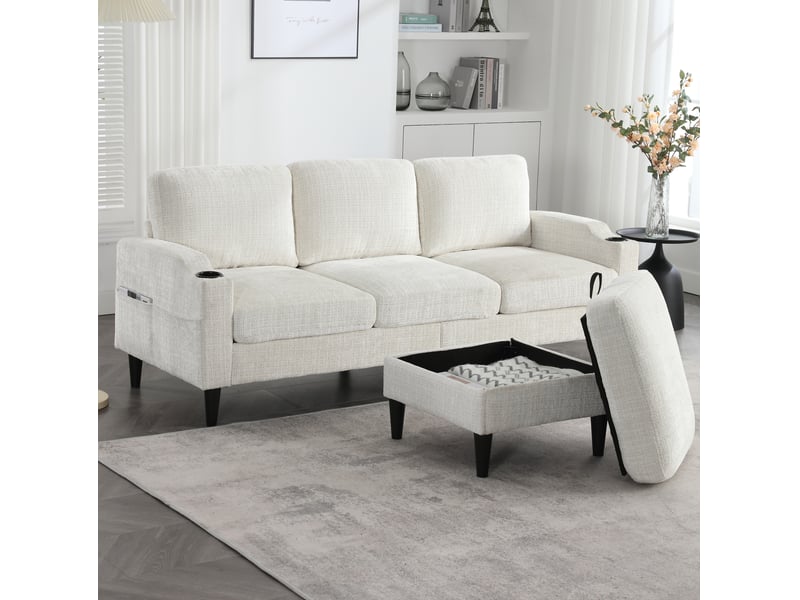  Canapé droit 4 places avec pouf coffre, porte-gobelets et poches latérales, en tissu beige, 196,5 × 75 × 77 cm  - Conforama C