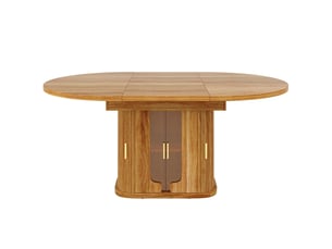 Table à manger extensible: ronde qui se transforme en ovale, 118–158 cm, 6 pers, bois de noyer, portes en verre