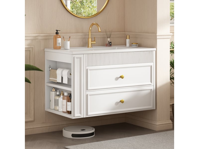  Meuble vasque mural 76x46x55 cm, meuble salle de bain avec led, porte en verre cannelé, tiroirs et étagères réglables, mdf, blanc Bliss Lite - Conforama E