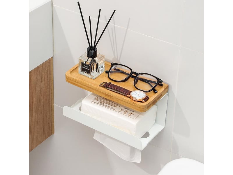  Dérouleur papier toilette adhésif sans perçage – support wc mural avec étagère en bambou, 2 en 1  - Conforama D