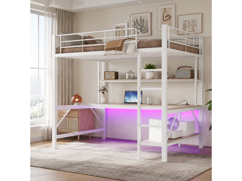 Lit mezzanine enfant 140 x 200 cm blanc en métal et mdf avec bureau, étagères, led, usb et prise - Conforama D
