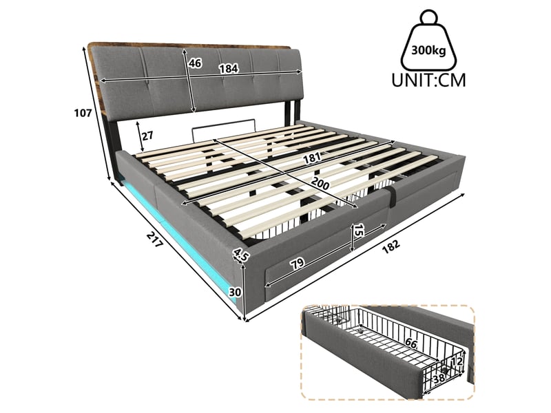 Lit coffre 180x200 cm en lin gris avec led, usb et usb-c - Conforama C