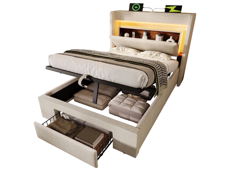  Lit coffre simple 90 x 200 cm, tête de lit avec rangements et ports usb-c, éclairage led intégré, lit rembourré, lin, beige Morn Vibe - Conforama A