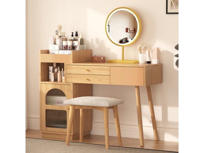 Coiffeuse avec miroir led 3 couleurs et meuble latéral - lpospi - 3 tiroirs, panneau bois naturel 120 × 40 × 90 cm - Conforama C