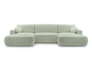 Canapé d'angle panoramique convertible <strong>AX LIVING </strong> <strong>Peoni</strong> 5 places Velours vert avec coffre de rangement