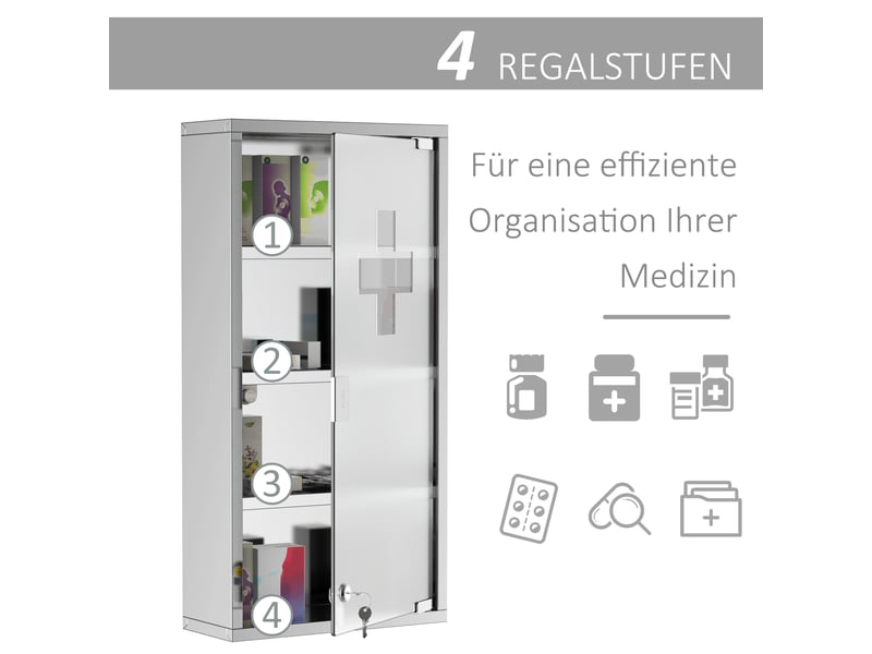  Armoire à pharmacie murale en inox, verrouillable, 4 compartiments, 30 x 12 x 60 cm  - Conforama W