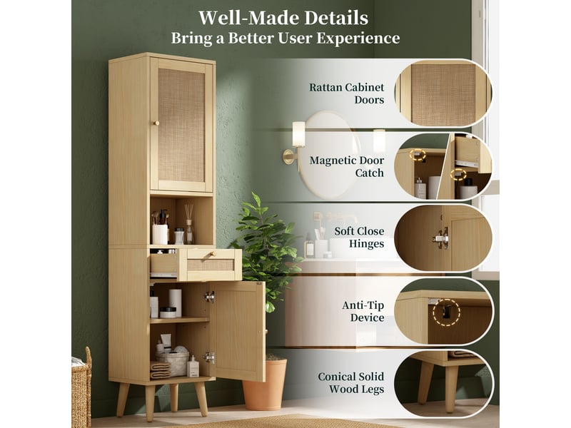  Colonne de salle de bain 2 portes rotin 1 tiroir naturel 40 x 30 x 166 cm  - Conforama D