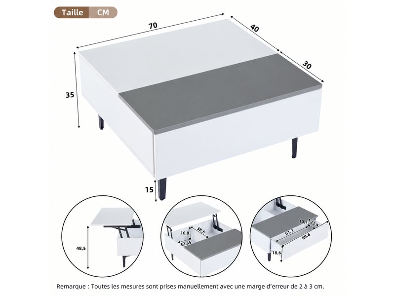  Table basse relevable avec rangement caché, led rvb, tiroir, 70 x 70 cm, blanc et gris  - Conforama D